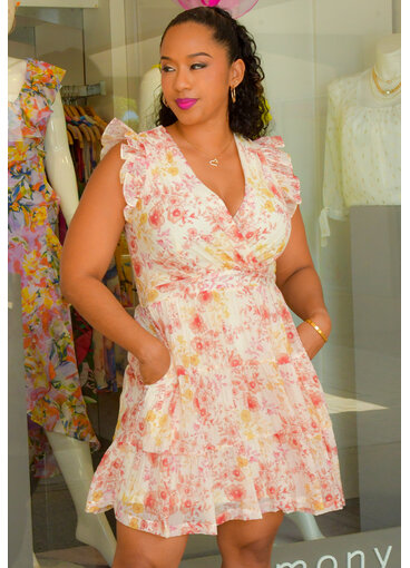 KENGER- Floral Lap Top Dress with Frill Arms