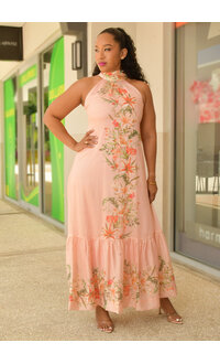 KEZAN- Long Floral Hi Neck Dress