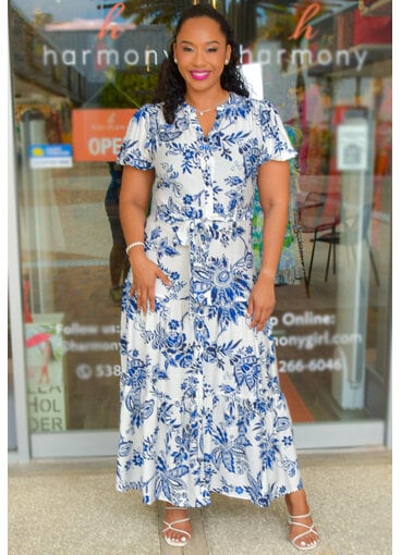 MSK KODEY- Long Printed Button Down Dress with Puff Sleeve