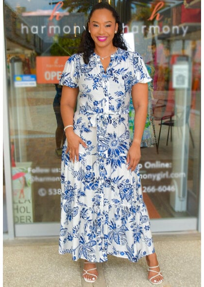 MSK KODEY- Long Printed Button Down Dress with Puff Sleeve