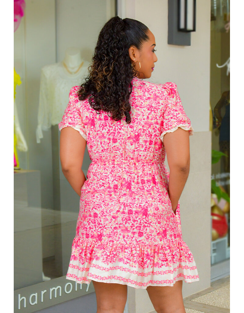 KOTA- Floral V Neck Dress with Short Puff Sleeves
