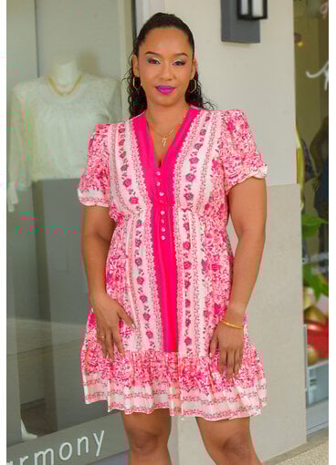 KOTA- Floral V Neck Dress with Short Puff Sleeves