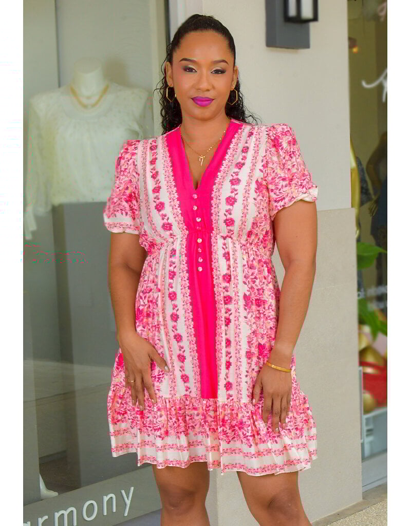 KOTA- Floral V Neck Dress with Short Puff Sleeves