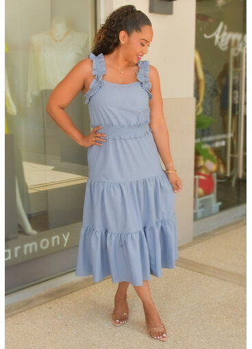 GLAMOUR KYIA- Solid Elastic Waist Ruffle Strap Dress