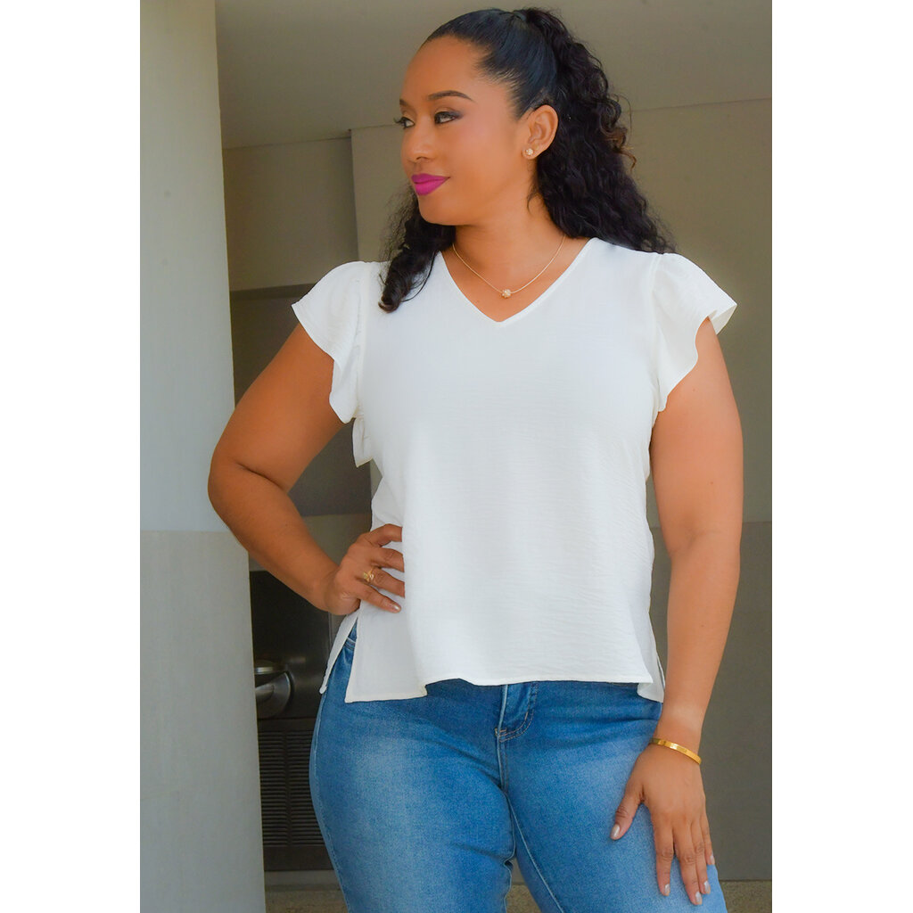 VESSA- Solid V Neck Top with Frill Arms