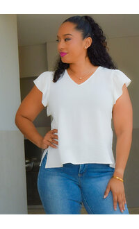 NINETY CLOTHING VESSA- Solid V Neck Top with Frill Arms