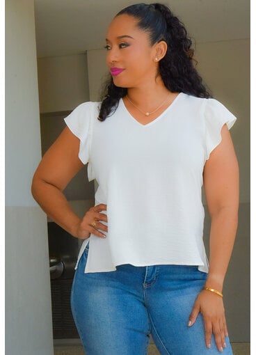 NINETY CLOTHING VESSA- Solid V Neck Top with Frill Arms