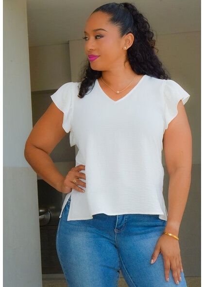 NINETY CLOTHING VESSA- Solid V Neck Top with Frill Arms