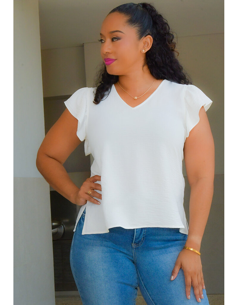 NINETY CLOTHING VESSA- Solid V Neck Top with Frill Arms