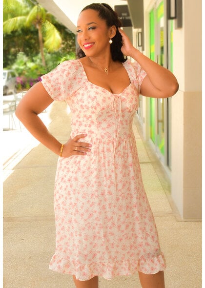 Second Generation GUALI- Floral Short Puff Sleeve Dress with Frill Hem