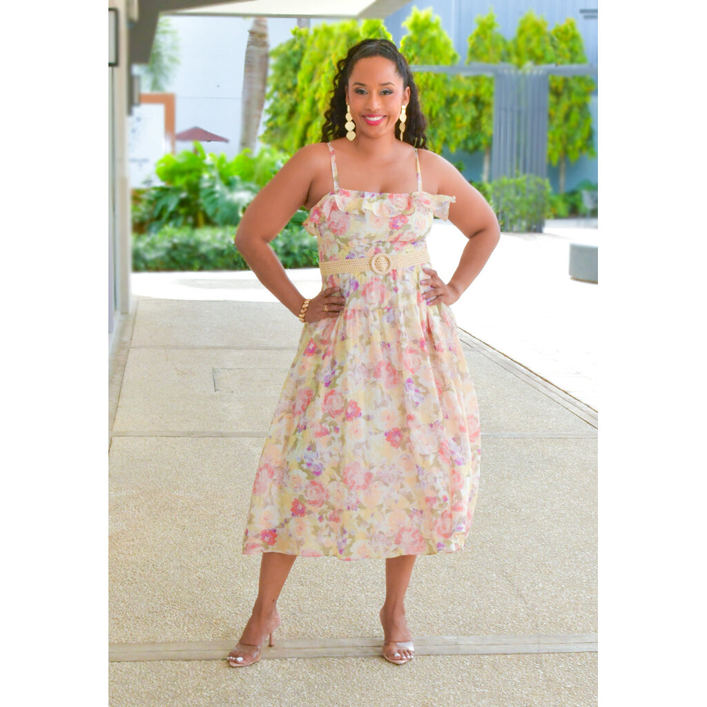 KARMON- Floral Spaghetti Strap Dress with Belt