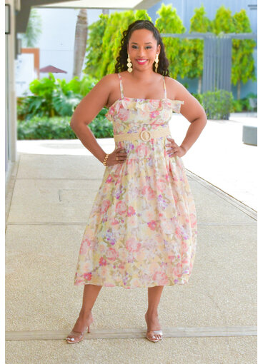 Maison Tara KARMON- Floral Spaghetti Strap Dress with Belt