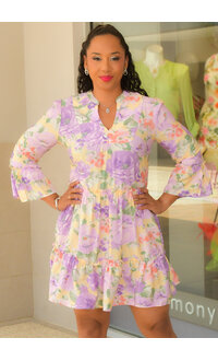 Signature KAVISH- Floral Split Neck 3/4 Bell Sleeve Dress