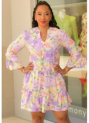 Signature KAVISH- Floral Split Neck 3/4 Bell Sleeve Dress