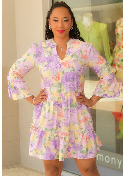 Signature KAVISH- Floral Split Neck 3/4 Bell Sleeve Dress