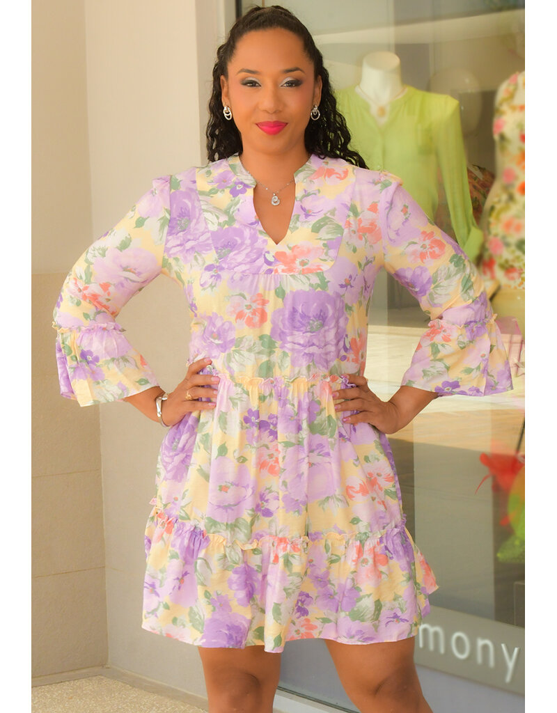 Signature KAVISH- Floral Split Neck 3/4 Bell Sleeve Dress