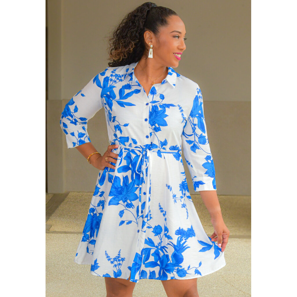 KANNE- Floral Button Down Dress with 3/4 Sleeves