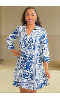 MLLE Gabrielle KANTEL- Printed Button Down Dress Collar with Balloon Sleeves