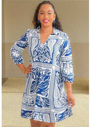 MLLE Gabrielle KANTEL- Printed Button Down Dress Collar with Balloon Sleeves