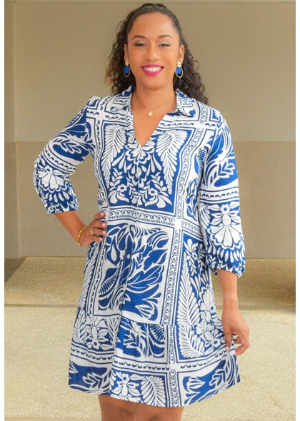 MLLE Gabrielle KANTEL- Printed Button Down Dress Collar with Balloon Sleeves