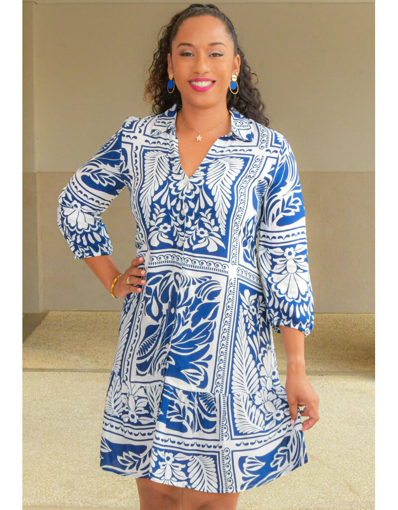 MLLE Gabrielle KANTEL- Printed Button Down Dress Collar with Balloon Sleeves