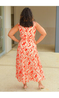 MSK KIRILL- Long Floral Print Elastic Waist Dress with Tie Neck