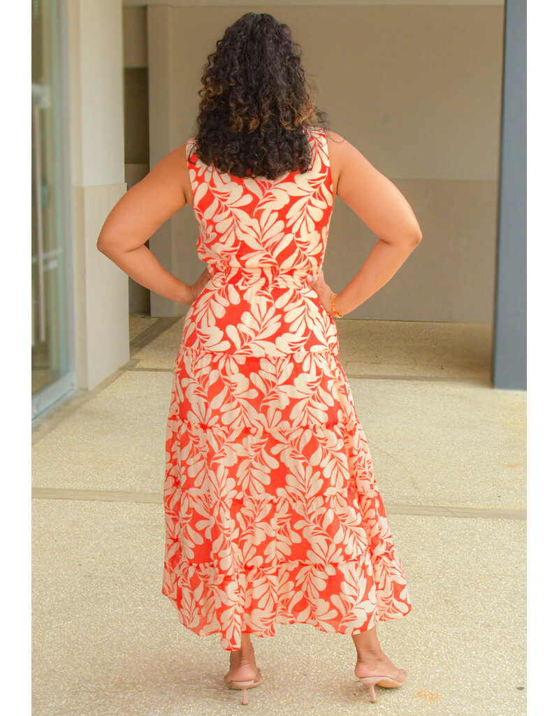 MSK KIRILL- Long Floral Print Elastic Waist Dress with Tie Neck