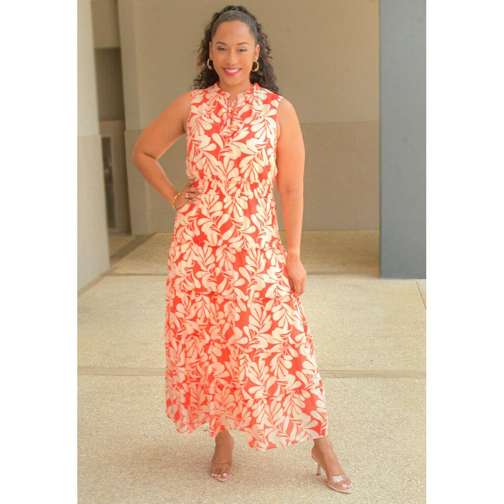 KIRILL- Long Floral Print Elastic Waist Dress with Tie Neck