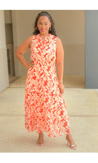 MSK KIRILL- Long Floral Print Elastic Waist Dress with Tie Neck