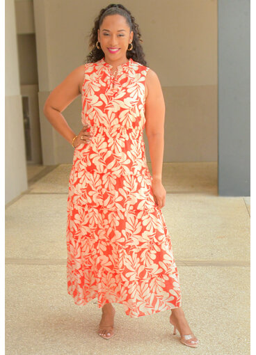 MSK KIRILL- Long Floral Print Elastic Waist Dress with Tie Neck