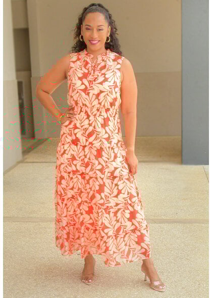 MSK KIRILL- Long Floral Print Elastic Waist Dress with Tie Neck