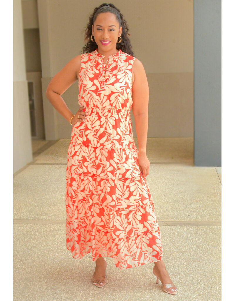 MSK KIRILL- Long Floral Print Elastic Waist Dress with Tie Neck