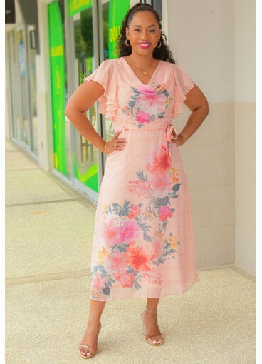 Maison Tara FRESSY- Floral Cowl Neck Dress with Frill Arms