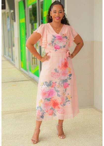 Maison Tara FRESSY- Floral Cowl Neck Dress with Frill Arms