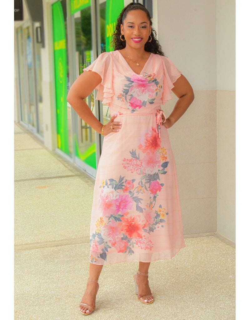 Maison Tara FRESSY- Floral Cowl Neck Dress with Frill Arms