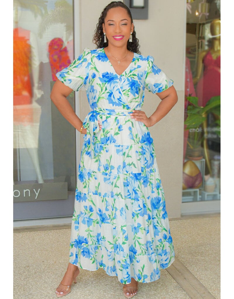 MSK KAHIEM- Long Printed Lap Top Puff Sleeve Dress