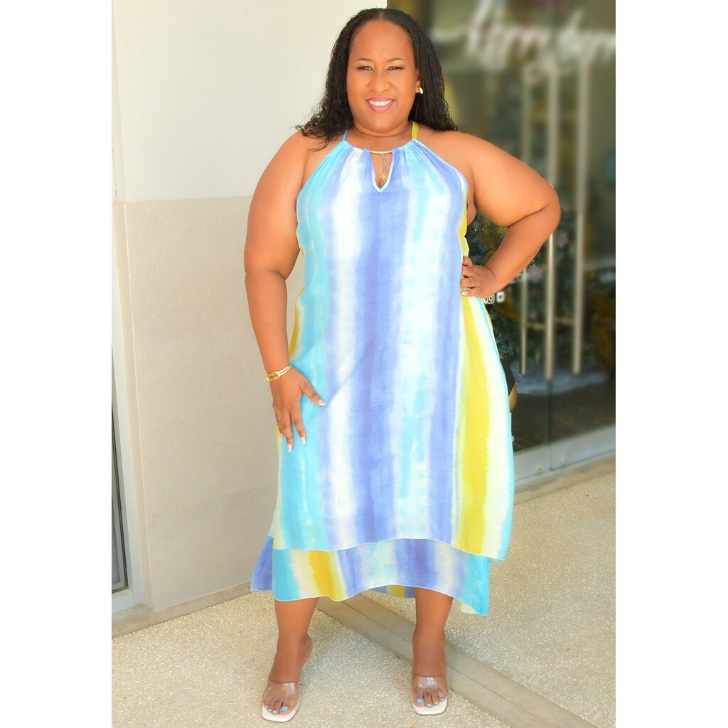 GIVA- Plus Size Stripe Hi-Neck Keyhole Dress