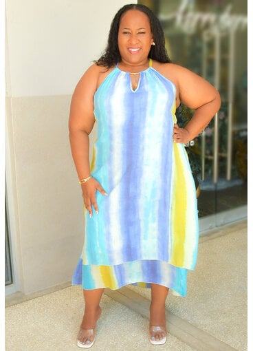 MLLE Gabrielle GIVA- Plus Size Stripe Hi-Neck Keyhole Dress