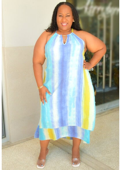 MLLE Gabrielle GIVA- Plus Size Stripe Hi-Neck Keyhole Dress