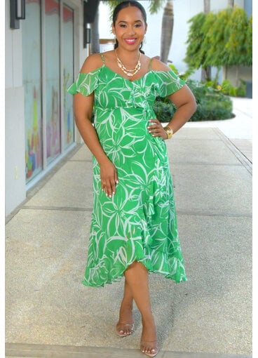 FALEO- Long Printed Cold Shoulder Dress