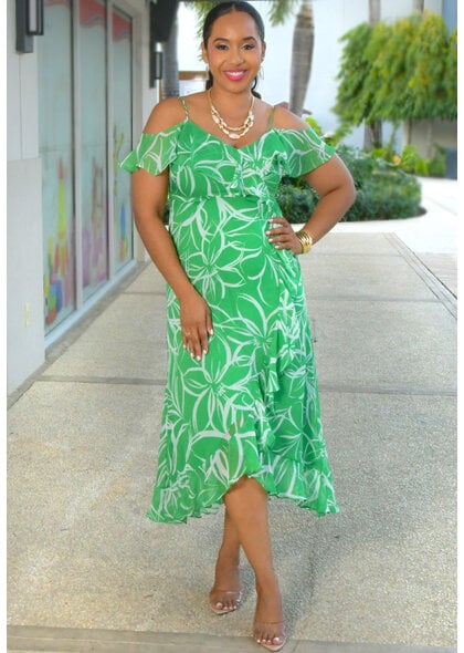 FALEO- Long Printed Cold Shoulder Dress
