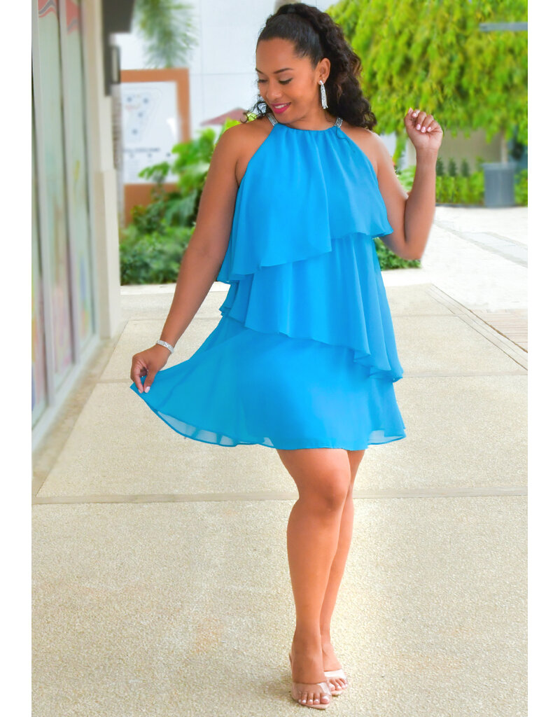 MSK FISHA- Solid Diamanté Strap Dress with Shutters