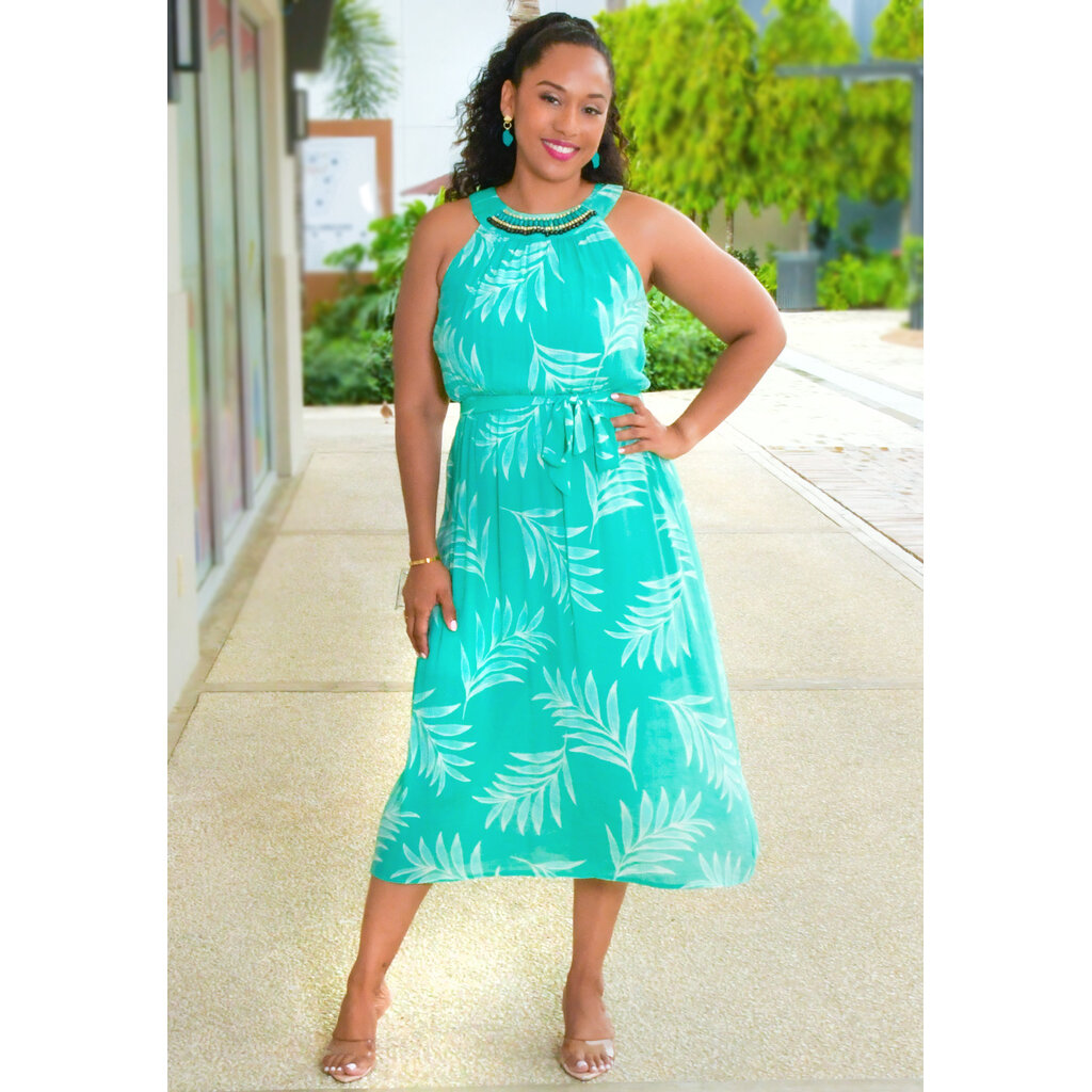 GALANI- Printed Hi-Neck Dress with Beads and Band