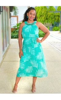 GALANI- Printed Hi-Neck Dress with Beads and Band