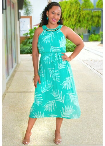 GALANI- Printed Hi-Neck Dress with Beads and Band