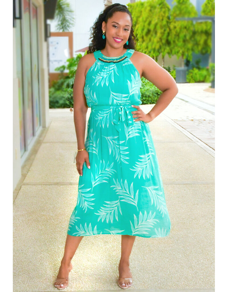 GALANI- Printed Hi-Neck Dress with Beads and Band