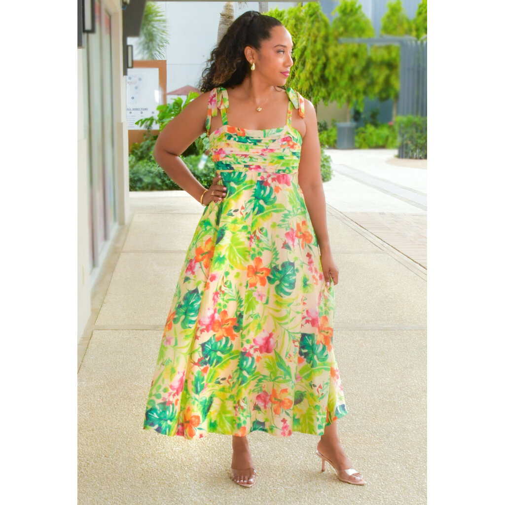 KAJAHO- Long Floral Pleated Top Dress with Tie Strap