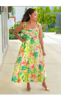 KAJAHO- Long Floral Pleated Top Dress with Tie Strap