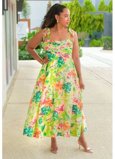 KAJAHO- Long Floral Pleated Top Dress with Tie Strap
