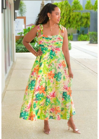 KAJAHO- Long Floral Pleated Top Dress with Tie Strap